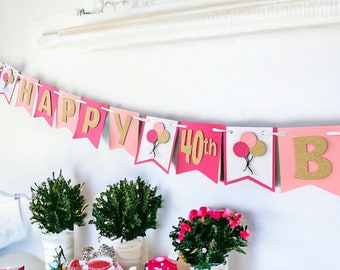 Pink and Gold Birthday Banner, Personalized Party Decoration, Pink 40th Birthday Sign, Balloon Party Banner, Baby Shower, Bridal