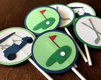 Golf Cupcake Toppers, Hole In One Birthday, Retirement Party, Set of 12