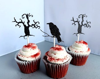 Halloween Cupcake Toppers,Glitter Raven Cupcake Picks,Spooky Tree Party Decoration,Set of 12