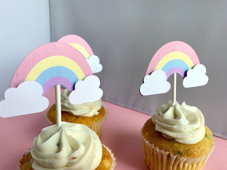 Rainbow Cupcake Toppers Pastel Rainbow Birthday Party Etsy