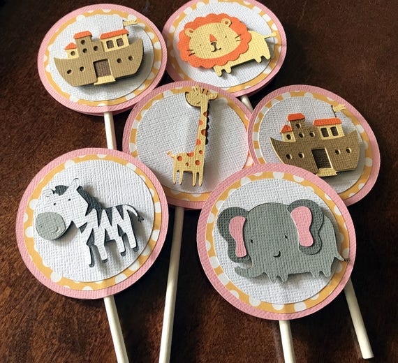 Noahs Ark Cupcake Toppers, Pink Noahs Ark Baby Shower Decoration, Birthday Party Cupcake Picks, Set of 12 Il_570xn