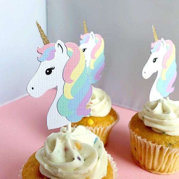 Unicorn Party Cupcake Toppers, Pastel Unicorn Birthday Decoration, Girl Cupcake Picks, Set of 12