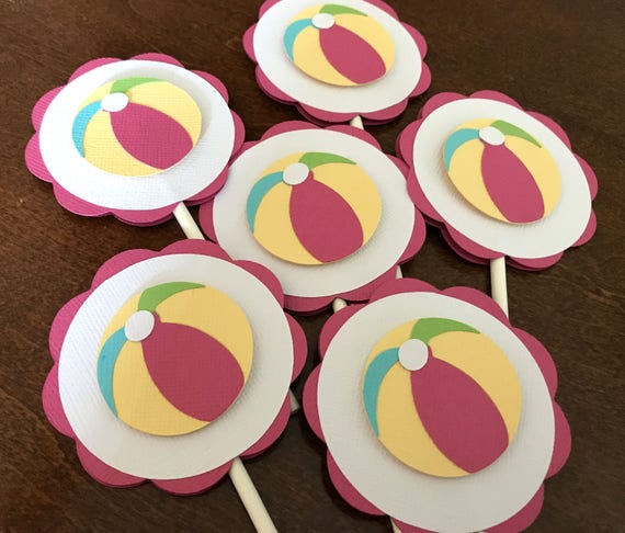 Beach Ball Party Cupcake Toppers, Beach Ball Birthday, Beach Ball Shower, Pool Party Decoration, Swim Party, Girl Beach Party, Set of 12 Il_570xn