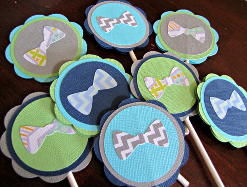 Bow Tie Party Cupcake Toppers, Little Man Birthday, Bowtie Baby Shower Decoration, Set of 12 image 1