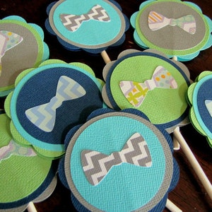 Bow Tie Party Cupcake Toppers, Little Man Birthday, Bowtie Baby Shower Decoration, Set of 12 image 2