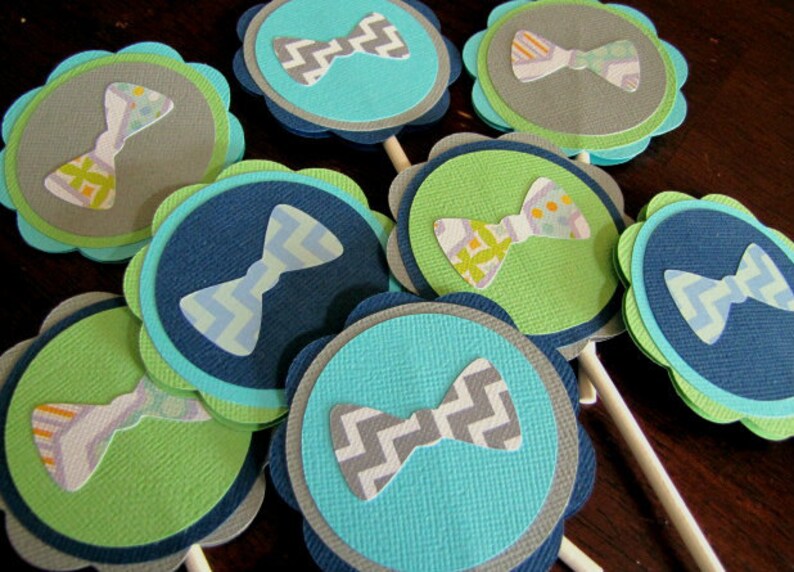 Bow Tie Party Cupcake Toppers, Little Man Birthday, Bowtie Baby Shower Decoration, Set of 12 image 2