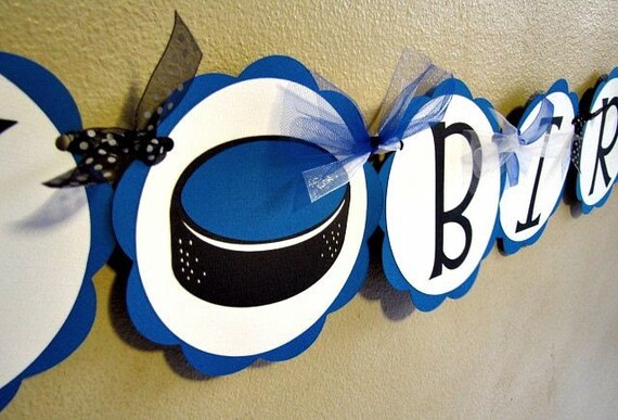 Hockey Puck Birthday Party Banner, Boy Skating Party Decoration, Ice Hockey Birthday Sign Il_570xn