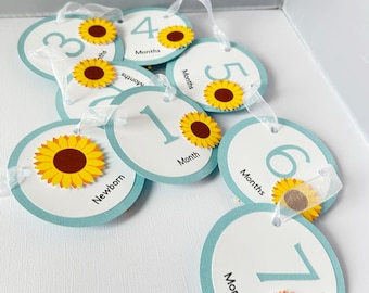 Sunflower 1st Year Photo Banner, Yellow Flower First Birthday Milestone Sign, Sunflower Timeline Birthday Party Decoration