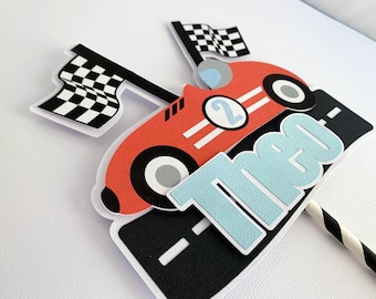 Vintage Race Car Cake Topper, Two Fast Birthday Party Decoration, Fast One Cake Topper, First Lap Personalized Retro Race Car Topper