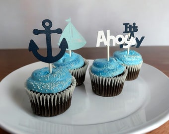 Nautical Party Cupcake Toppers, Ahoy It's A Boy Baby Shower, Anchor, Sailboat, Set of 12