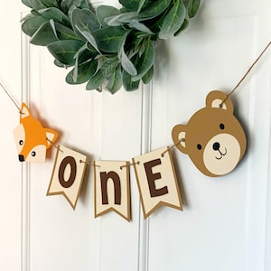 Woodland High Chair Banner, Forest Animal 1st Birthday Decoration, Woodsy Party Highchair Sign, Woodland Photo Prop Banner