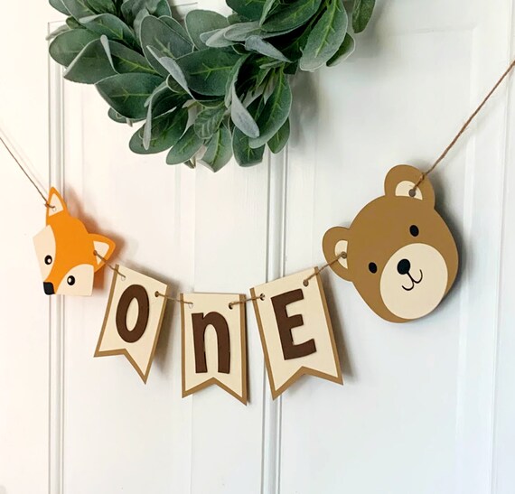 Woodland High Chair Banner, Forest Animal 1st Birthday Decoration, Woodsy Party Highchair Sign, Woodland Photo Prop Banner Il_570xn