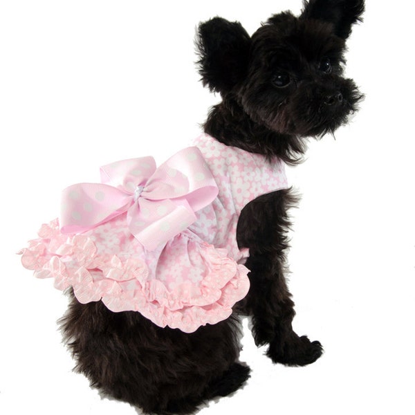 Pink Flowery Dog Dress with Pink Polka Dot Bow