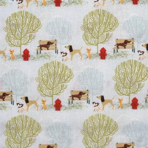 Dogs in Park Fun Bench Fire Hydrant Trees Cotton Fabric - Sold by 1/2 Yard