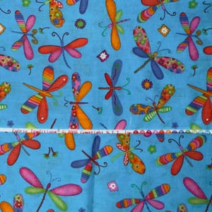 Dragonfly Bugs Patchwork Pattern Print on Blue Cotton Fabric - Sold by 1/2 Yd image 5