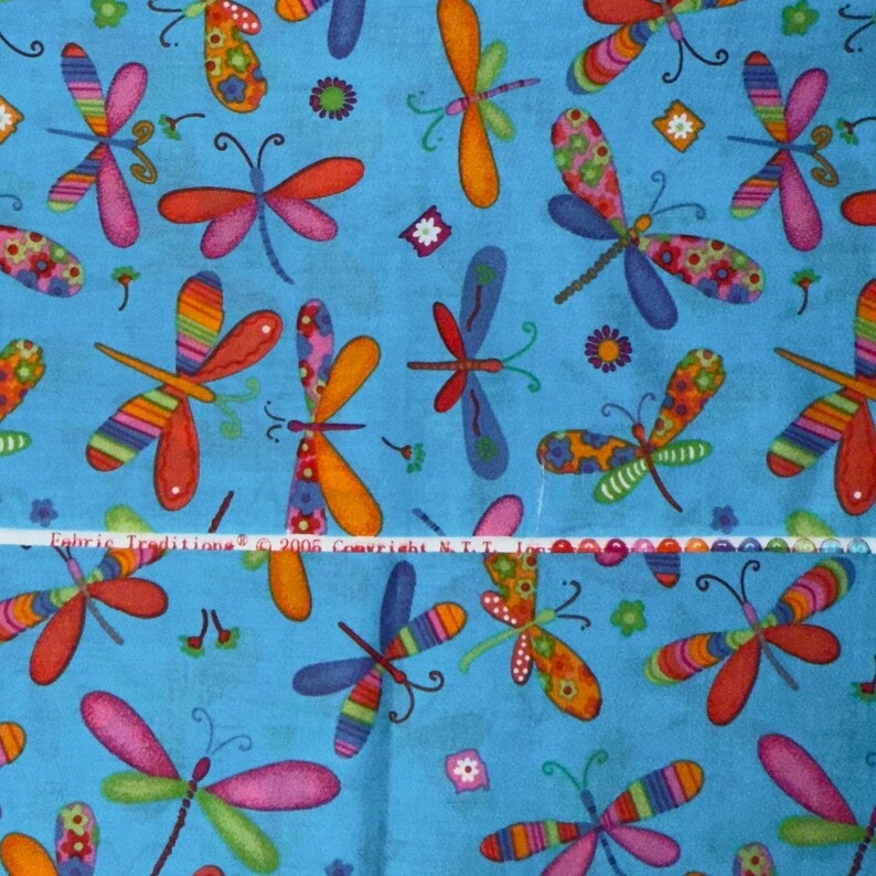 Dragonfly Bugs Patchwork Pattern Print on Blue Cotton Fabric - Sold by 1/2 Yd image 5