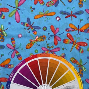 Dragonfly Bugs Patchwork Pattern Print on Blue Cotton Fabric - Sold by 1/2 Yd image 3