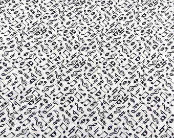 Black Musical Notes Clefs Symbols on White Cotton Fabric - 1/2 Yd - Band, Choir
