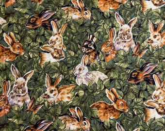 Brown Bunnies in Green Leaves - Camelot by Hoffman California Fabric - 1/2 Yard