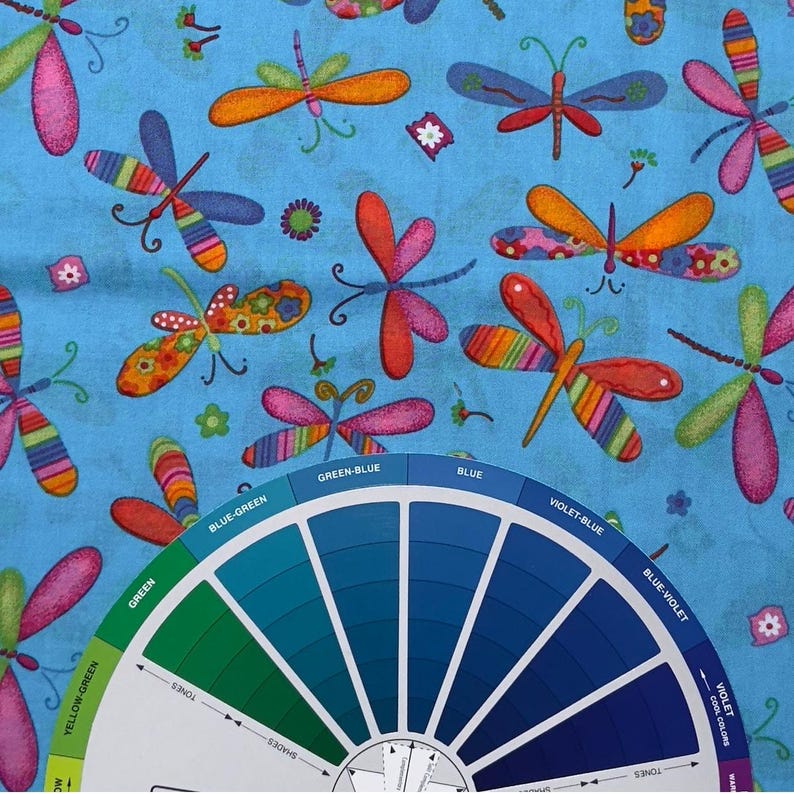 Dragonfly Bugs Patchwork Pattern Print on Blue Cotton Fabric - Sold by 1/2 Yd image 4