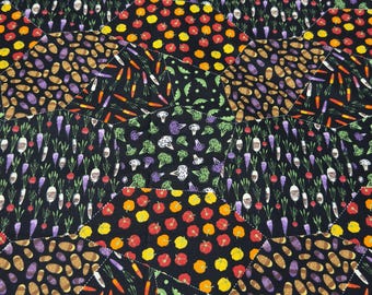Garden Vegetable Patchwork on Black Cotton Fabric - 1/2 YD - Peas, Bell Pepper