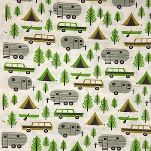 Retro Camping Novelty Cotton Fabric- 1/2 Yd- Tent, Trailer, Trees, Station Wagon