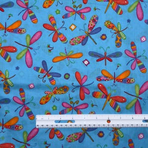 Dragonfly Bugs Patchwork Pattern Print on Blue Cotton Fabric - Sold by 1/2 Yd image 2