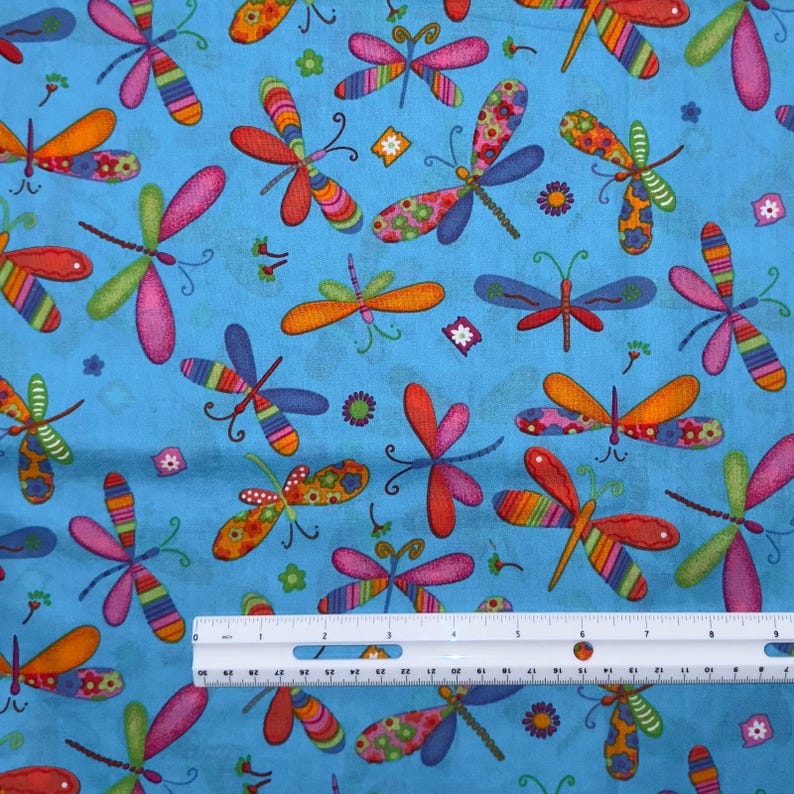 Dragonfly Bugs Patchwork Pattern Print on Blue Cotton Fabric - Sold by 1/2 Yd image 2