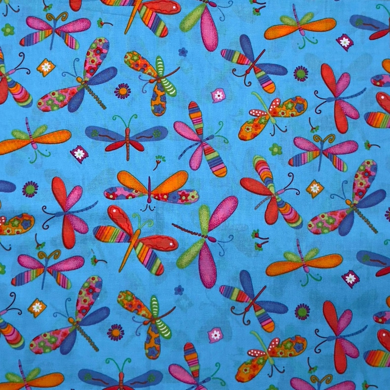 Dragonfly Bugs Patchwork Pattern Print on Blue Cotton Fabric - Sold by 1/2 Yd image 1