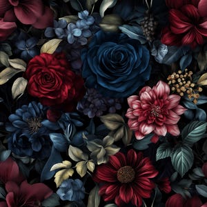 May include: A seamless pattern featuring dark blue, red, and burgundy flowers with green leaves. The flowers are arranged in a random pattern and are set against a black background.