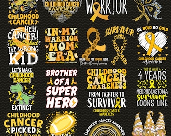 Childhood Cancer Awareness Png Bundle, Pediatric Cancer Warrior Survivor Family Support Gold Ribbon Png Sublimation Designs