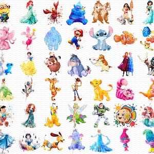 Ensemble de personnages de dessins animés aquarelle au format PNG, clipart de dessins animés aquarelle, personnages de dessins animés aquarelle au format PNG, GIF pour enfants, princesse au format PNG sublimation