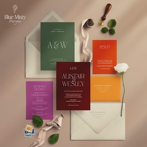 Modern Minimalist Wedding Invitation, Bold & Colorful Spring Wedding Theme, Modern Boho Suite, Instant Download, Editable Template, INW16