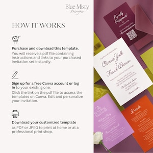 May include: A selection of wedding invitation templates in various colours, including purple, orange, and burgundy. The design includes the text "Blue Misty Designs" and instructions on how to use the template. The invitations include details for the wedding weekend.