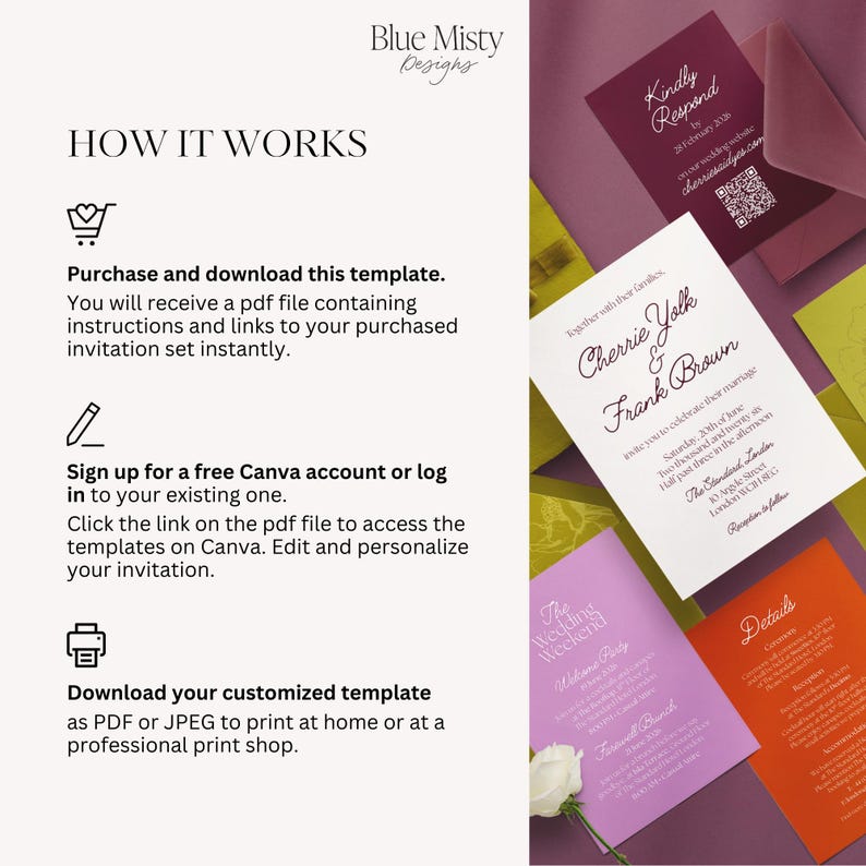 May include: A selection of wedding invitation templates in various colours, including purple, orange, and burgundy. The design includes the text "Blue Misty Designs" and instructions on how to use the template. The invitations include details for the wedding weekend.
