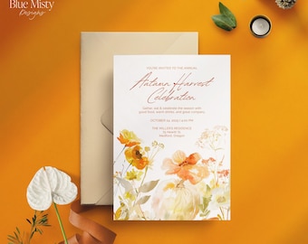 Autumn Harvest Invitation, Fall Gathering, Dinner Party Invitation, Watercolor Florals, Editable Template