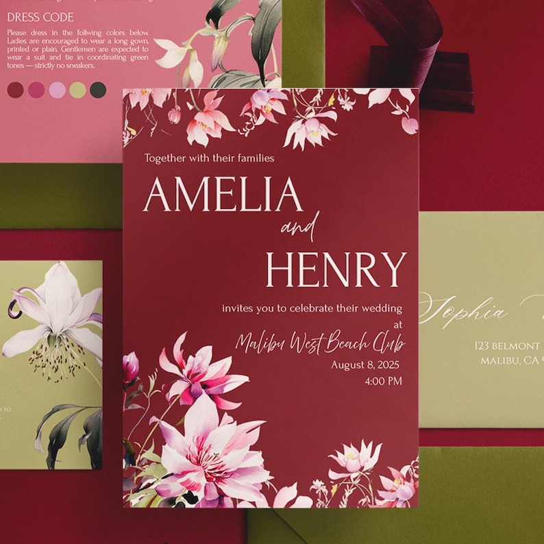 Deeply Romantic Wedding: Burgundy, Pink, and Green Theme (Digital Download Wedding Template) image 5