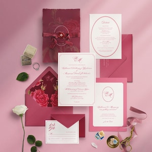 Romantische roze vintage trouwkaartsuite, oud geld met elegant monogram en schrift, bewerkbare canvassjabloon