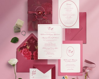 Romantic Pink Vintage Wedding Invitation Suite, Old Money with Elegant Monogram & Script, Editable Canva Template