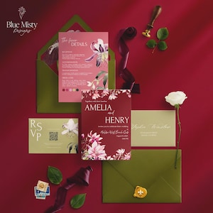 May include: A collection of wedding stationery with a burgundy and olive green color scheme. The invitation suite includes a main invitation, RSVP card, details card, and envelopes. Floral accents and the names "Amelia and Henry" are featured.