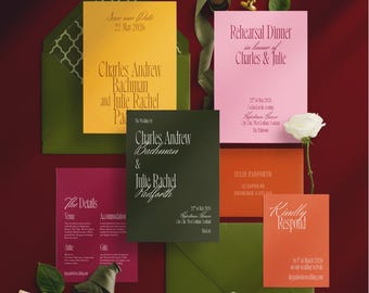 Colorful Wedding Invitation Suite, Editorial Style, Summer Garden Party Theme, Bold Typography
