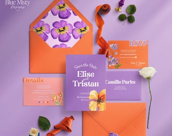 Bold and Funky Wedding Invitation: Quirky Orange and Violet Theme (Editable Instant Download Canva Template)