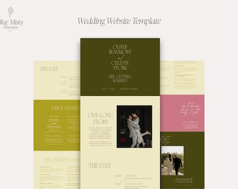 Puede incluir: Una plantilla de sitio web de bodas con un diseño minimalista. El diseño presenta una paleta de colores verde oliva, crema y rosa. El sitio web incluye secciones para la historia de la pareja, los detalles de la boda y las preguntas frecuentes.