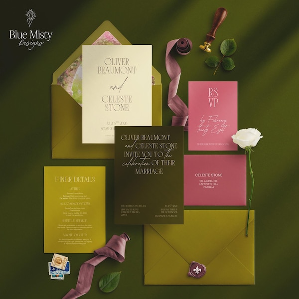 Editorial Style, Romantic Garden Wedding, Green and Pink Theme, Luxury Invitation Template, INW27
