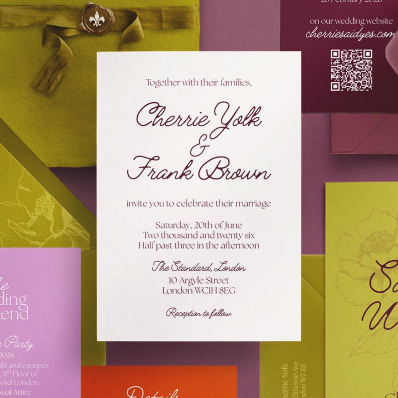 May include: Wedding invitation featuring the names "Cherrie Yolk & Frank Brown". The invitation includes the wedding date, time, and venue details. The design incorporates floral elements and a wax seal.