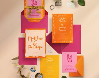 Colorful Wedding Invitation Suite, Orange, Yellow, & Pink Summer Theme with Playful, Whimsical Typography, Editable Canva Template, INW30