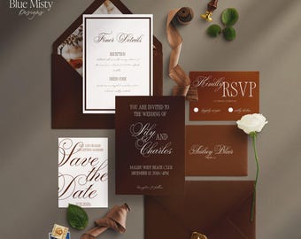 Classic Brown Wedding Invitation, Timeless Neutral Wedding Invite Template, Earth Tones, Warm Luxurious Style, Editable in Canva