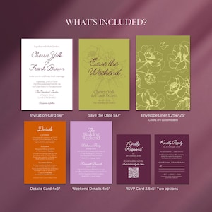 May include: A set of wedding stationery, including invitation cards, save-the-date cards, envelope liners, details cards, weekend details cards, and RSVP cards. The designs feature floral elements and customizable colours. The invitation card is 12.7 x 17.8 cm.