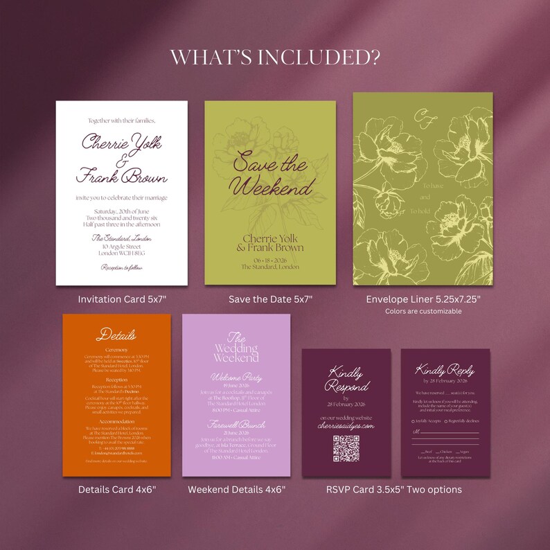 May include: A set of wedding stationery, including invitation cards, save-the-date cards, envelope liners, details cards, weekend details cards, and RSVP cards. The designs feature floral elements and customizable colours. The invitation card is 12.7 x 17.8 cm.