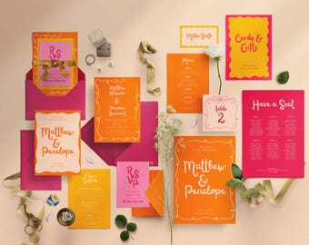Modern Whimsical Wedding Invitation with Bright Summer Color Theme Editable Template Set, INW30